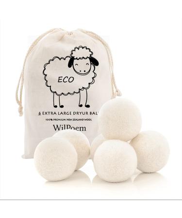 WilPoem New Zealand Nature Wool Dryer Balls - Fabric Softener Ball for Sensitive Skin - Helps Prevent Wrinkles and Reduces Static - Reusable 3000 Cycle Rating - (6 XL Pack)