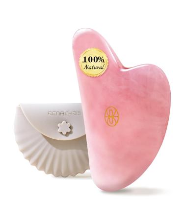 Rena Chris Gua Sha Facial Tools-Fuller Ergonomic Rose Quartz Jade Gua Sha Stone for Face Massage Jawline Sculpting and Puffiness Reducing Skin Care Massager(Pink)