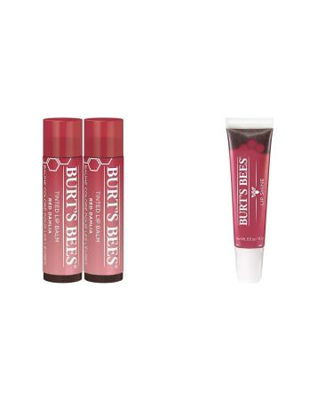 Burt's Bees Lip Tint Balm with Long Lasting 2 in 1 Duo Tinted Balm Formula & Lip Gloss Lip Shine for Women 100% Natural Makeup Pucker Red Dhalia + Lip Gloss 2 Count (Pack of 1)