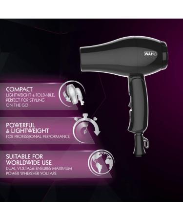 Wahl Travel Hair Dryer Hair Dryer with Attachments Dryer for Travelling Compact Hairdryer Foldable Travel Dryer Two Heat Settings Worldwide Voltage Portable Travel Hairdryers Black - Buy Online on GoSupps.com