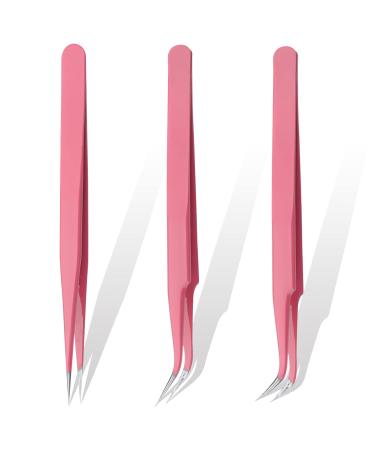 3 pieces of lash tweezers set yutou pink eyelash tweezers for eyelash extensions stainless steel straight and curve pointed tweezers false eyelashes application tool for eyelash extension