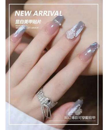 24Pcs/Set Press On Nails Long Ice Transparent Grey Camellia Flower Diamond Chain False Nails Acrylic Fake Nails Full Cover Nails Tips Artificial Finger Manicure Press on nails for Women and Girls - Buy Online on GoSupps.com