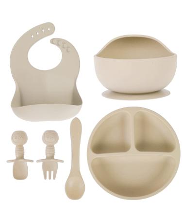 Set of 6 Baby Feeding Set Silicone Baby Tableware Set Food Grade Infant Dinnerware Set BPA Free Baby Led Weaning Supplies Non-Slip Self Feeding Utensils with Silicone Suction Bowls&Adjustable Bib&Divided Plates&Fork&Soft Spoon&Soup Spoon for Toddlers Infa