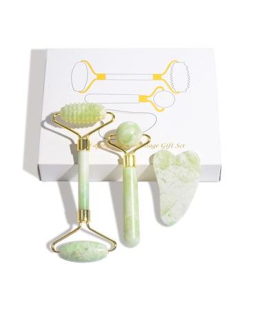 NuAngela Jade Face Roller 3 in 1 Gua Sha Massage Kit For Eyes Dark Circles Neck Puffiness Relief Natural Facial Beauty Treatment Jade Stone Massager Rollers For Skincare (Massage Set Light Green)