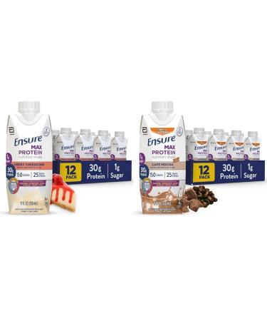 Ensure Max Protein Nutrition Shake with 30g Protein Cherry Cheesecake & Cafe Mocha Flavors Pack of 12 11 fl oz