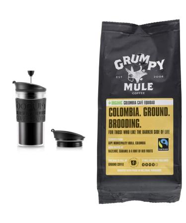 BODUM K11102-01 Travel Press Set Coffee Maker with Extra Lid Black & Grumpy Mule Organic Colombia Caf Equidad Ground Coffee with tastes of Hazelnut Caramel & a hint of Red Fruits 227 g Black + Ground Coffee