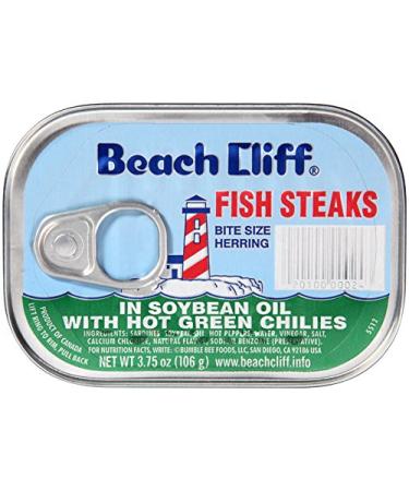 BEACH CLIFF Fish Steaks, Herring, Sardines in Soybean Oil with Hot Green Chilies, High Protein Food, Keto Food, Gluten Free, High Protein Snacks, Canned, Bulk Sardines, 3.75 Ounce Cans (Pack of 18) Soybean Oil & Hot Chillies