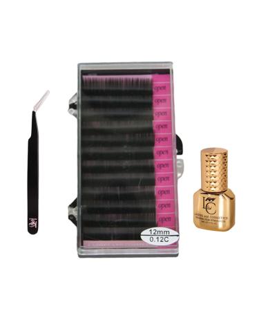 Eyelash Extensions C Curl 12mm Single Tray Mink Lash Of 1 000 Individual Eyelash Hairs With Eyelash Glue and Tweezer Salon Eyelashes With Black Mink False Lashes 4 Count (Pack of 1) C Curl
