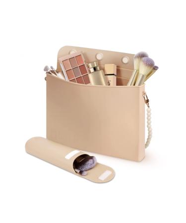 Drawzone            Silicone Makeup Bag with Travel Makeup Brush Holder  Trendy Cosmetic Bag for Women  Soft Portable Travel Toiletry Bag  Suitable for Toiletries Brushes and Makeup Tools Khaki