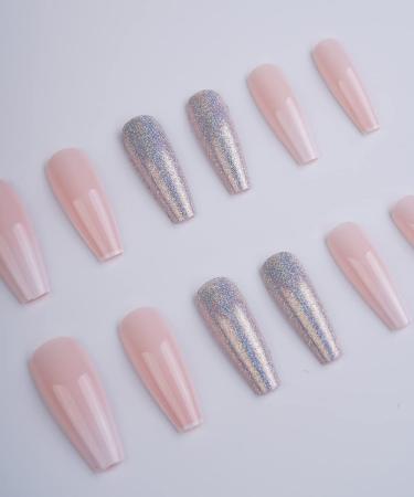 Xerling 24Pcs Bling Glitter Long Coffin Press-On Nails - Stylish French Fake Nails for Women & Girls - Full Cover Designs (Pattern D) - International Shipping Available - Buy Online on GoSupps.com