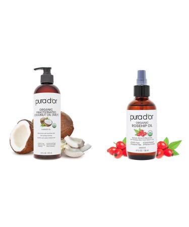 PURA D'OR 16 Oz Fractionated Coconut Oil 4 Oz Rosehip Seed Oil - Organic Oils for Skin Hair & Face