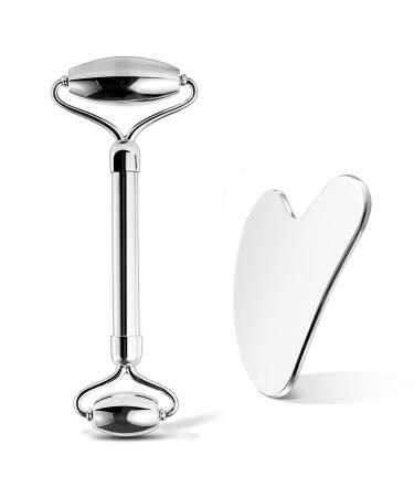 Stainless Steel Facial Roller & Gua Sha Gua Sha Facial Tools Stainless Steel GuaSha Tool and Face Roller Set - Metal Face Roller Facial Tension Sturdy