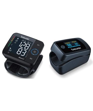 Beurer BC 54 wrist blood pressure measuring device & PO 45 pulseximeter measurement of oxygen saturation (SPO2) heart rate (pulse) and perfusion index (PI) painless application color display 2 x 60 storage places bundle with PO 45 pulse oximeter