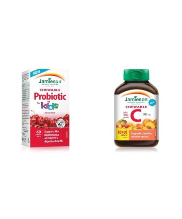 Jamieson Chewable Probiotic for Kids 5 Billion Active Cells - Natural Cherry Flavour & Chewable Vitamin C 500 mg - White Juicy Peach Flavour 120 Count (Pack of 1) Chewable Tablets + Vitamin C 500 mg