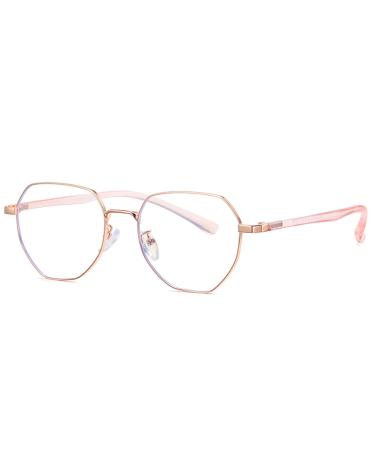 SERONI Metal Polygon Frame Blue Light Blocking Glasses for Women Men Anti UV Ray Computer Reading Glasses for Women Men Roseglod 51 Millimeters