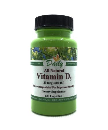 Daily's Non-GMO Vitamin D3 20 mcg (800 IU) (Gluten Free Soy Free 120 Vegetarian Caps)