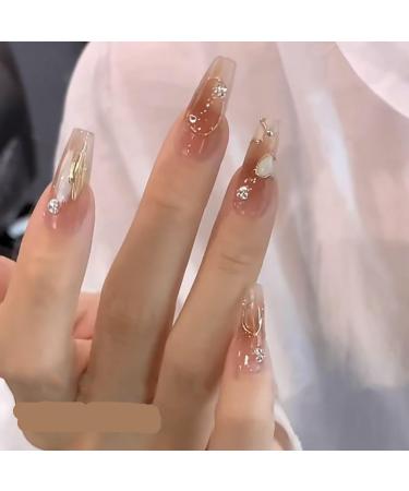 Handmade nail art wearing fake nail patches light luxury love gradient halo dye sparkling diamond long style (Size : L)