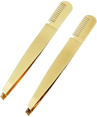 2pcs Stainless Steel Double Ended Tweezer Comb - Golden Eyebrow Shaping Tool for Precision Grooming | International Shipping Available - Buy Online on GoSupps.com