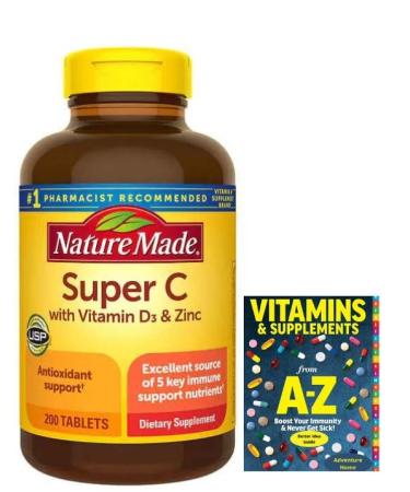 Nature Made Super C with (Vitamin D3 and Zinc) 200 Tablets One per Day Tablet+ Better Guide Vitamins Supplements Book Printed