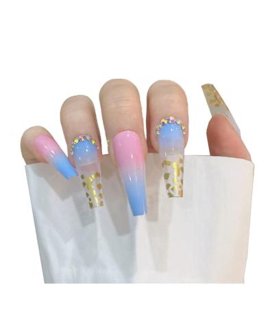 Press on Nails 3 Sets Rainbow Long Artificail Nails Gold Foil Diamonds Fake Nail Press-on Nails for Women Girls (Color : A) (Color : A) (A)