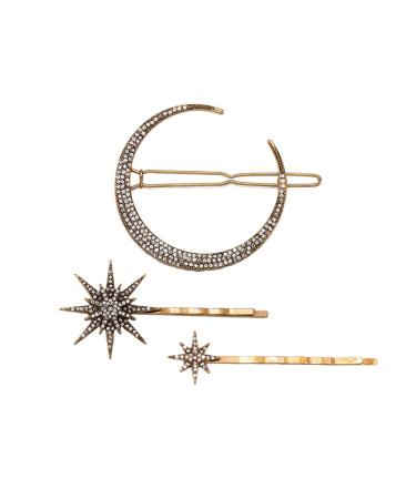 FRCOLOR 3pcs Vintage Hairpin Rhinestone Moon Snowflake Star Hair Clip Bobby Pin Barrette Hair Accessories for Women Girls