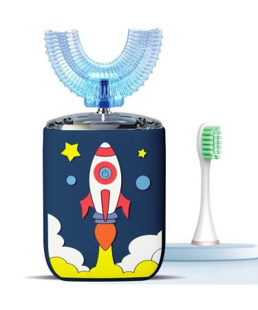 Ultrasonic Kids Electric Toothbrush with 2 Brush Heads 6 Modes U-Toothbrush IPX7 Waterproof Automatic Tooth Brush for 2-7 Years Old Baby Toddler Birthday Gift (Blue)