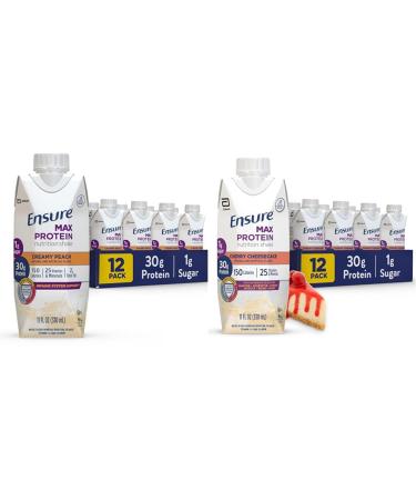 Ensure Max Protein Nutrition Shake with 30g Protein 1g Sugar High Protein Shake Creamy Peach and Cherry Cheesecake Variety Pack 11 fl oz Pack of 12