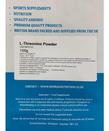 Konrad Nutrition L-THREONINE Pure Powder Pharmaceutical Grade Amino Acids (100) - Buy Online on GoSupps.com