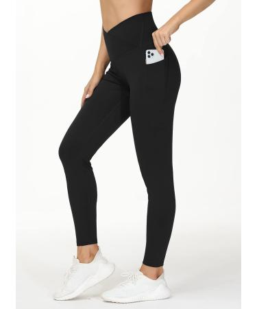 Gym People Women's V Cross Waist Workout Leggings | Tummy Control Yoga Pants with Pockets - Black, Small - Buy Online on GoSupps.com
