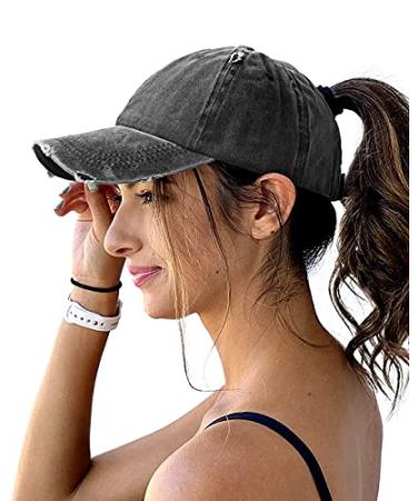 Womens Distressed Ponytail Baseball Cap Cotton Dad Hat with Ponytail Hole One Size Distressed Black