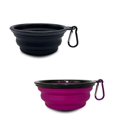 Collapsible Dog Bowls for Travel 2 Pack,Dog Portable Water Bowl for Cats Pet Foldable Feeding Watering Dish,Food Bowls with Carabiner Clip for Walking, Traveling,Hiking Black+Purple