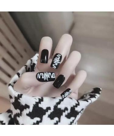24Pcs/Set Press On Nails Black and white graffiti European and American sweet and cool style False Nails Acrylic Full Cover Nails Tips Artificial Finger Manicure Press on nails for Women and Girls