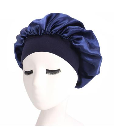 Hair Bonnet for Sleeping Wide Elastic Band Satin Bonnet Silk Bonnet Shower Cap for Women Girls Makeup Hair Care Elastic Hat Soft Sleep Cap Satin Head Cover for Night Sleep Curly Hair Protection Navy