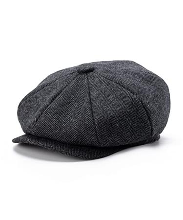 BOTVELA Men's 8 Panel Wool Blend Newsboy Flat Cap Herringbone Tweed Hat Black 7 5/8