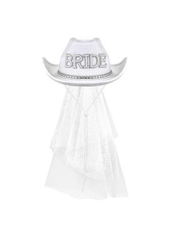 amangul Bride Hat Elegant Veil Cowgirl Hat Encrusted Rhinestones Delicate BRIDE Diamond-studded Hand Beading Hat(White)