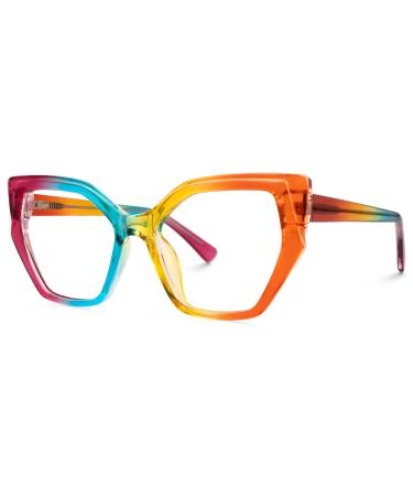 VOOGLAM Rainbow Color Frame Blue Light Blocking Glasses Cat Eye Fashion Glasses For Women Anti Eyestrain & UV Rainbow Clear Blue Light Blocking Lens