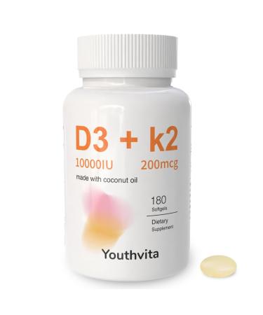 d3 k2 Vitamin 10000 iu 180 Coconut Oil Softgels | 2 in 1 Vitamins Supplement D3 10000 IU & K2 (MK7) 200 mcg Easy to Swallow Supports Calcium Absorption Bone Immune & Heart Health 180softgels