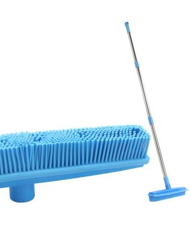 LandHope Carpet Rake Long Handle Pet Dog Hair Rubber Broom Squeegee Fur Remover Broom Carpet Brush 51 inches Indoor Outdoor Push Broom Car Floor Cleaning Non Scratch Bristles Rug Rake Sweeper(Blue)