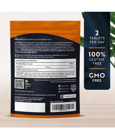 Vitamin C Tablets 1100mg 180 Premium Vegan and Vegetarian Tablets 3 Month Supply - High Strength Ascorbic Acid - Vitamin C for The Immune System - Letterbox Friendly - Made in The UK by Nutravita - Buy Online on GoSupps.com