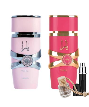 Bundle of Lattafa Yara & Lattafa Yara Candy Eau de Parfum 3.4 oz (100 ml) Each with 5ml Portable Refillable Atomizer and Refillable Car Freshener