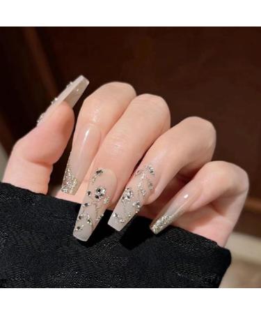 24Pcs/Set Press On Nails Long Vine Flower Diamond False Nails Acrylic Fake Nails Full Cover Nails Tips Artificial Finger Manicure Press on nails for Women and Girls - Buy Online on GoSupps.com