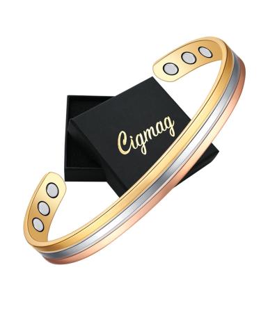 Cigmag Lymphatic Drainage Copper Bracelet for Women 99% Solid Pure Copper Magnetic Bracelet Ultra Strength Magnet Adjustable Brazaletes Cuff Bangle with Gift Box (Lines Tricolour Pattern)