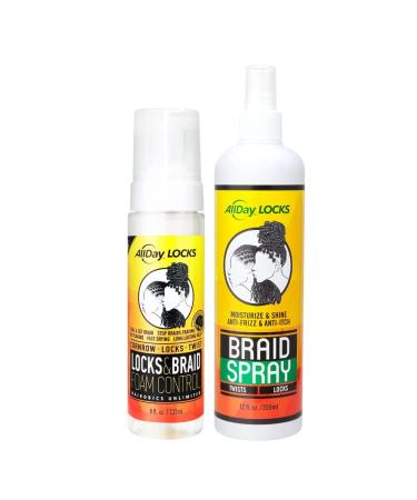 AllDay Locks Braid Foam (8 oz) & Braid Spray (12 oz) Bundle | Frizz Control Lightweight Easy to Apply | Sets & Revives Braids Locks Twists Cornrows