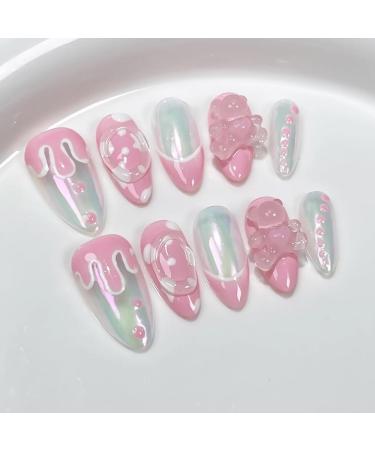 10Pc Blush Powder Almond False Nails Relief Hand drawn Bow Star Design Press on Nails Handmade Full Cover False Nail Tips(Color:4 Size:Xs)