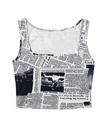 SweatyRocks Women's Casual Sleeveless Round Neck Workout Crop Tank Top Shirts Small Newspaper White