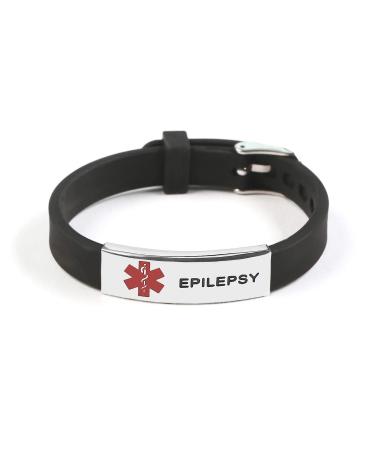 Epilepsy Medical Alert ID Bracelet Silicone Wristband Black Adjustable Size for Kids Women Men