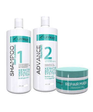 UNNIQUE Advanced Keratin Hair Treatment Kit 16 FL Oz- Clarifying Shampoo Brazilian Smoothing Treatment & Deep Repair Hair Mask + FREE Styling Comb