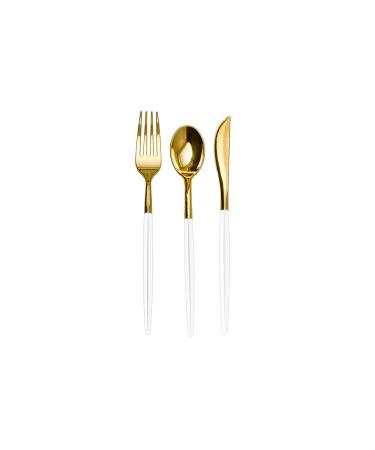 Trendables 120 Pack Disposable Silverware Set - Plastic Cutlery Dinnerware - Includes 40 - Plastic Forks - Plastic Spoons - Plastic Knives - White & Gold Plastic Silverware Plastic Utensils Party Set White and Gold