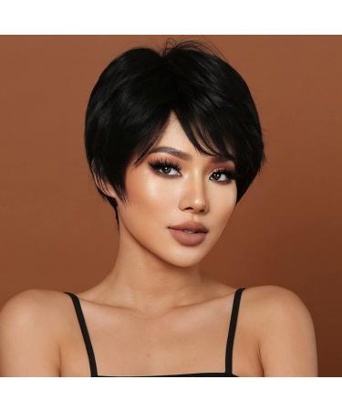 Creamily Pixie Cut Wig for Black Women Human Hair Short Wigs for Black Women Daily Wear Short Cut Wig With Bangs Natural Black C-Black
