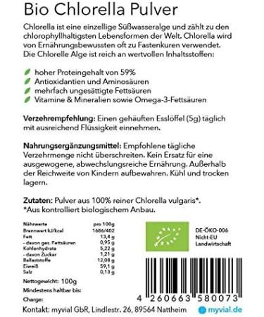 Myvial Bio Chlorella Powder 100g - Vegan Additive-Free Plastic-Free Rich in Vitamin B12 & Iron - Premium Chlorella Vulgaris Algae Powder for Optimal Health - Buy Online on GoSupps.com